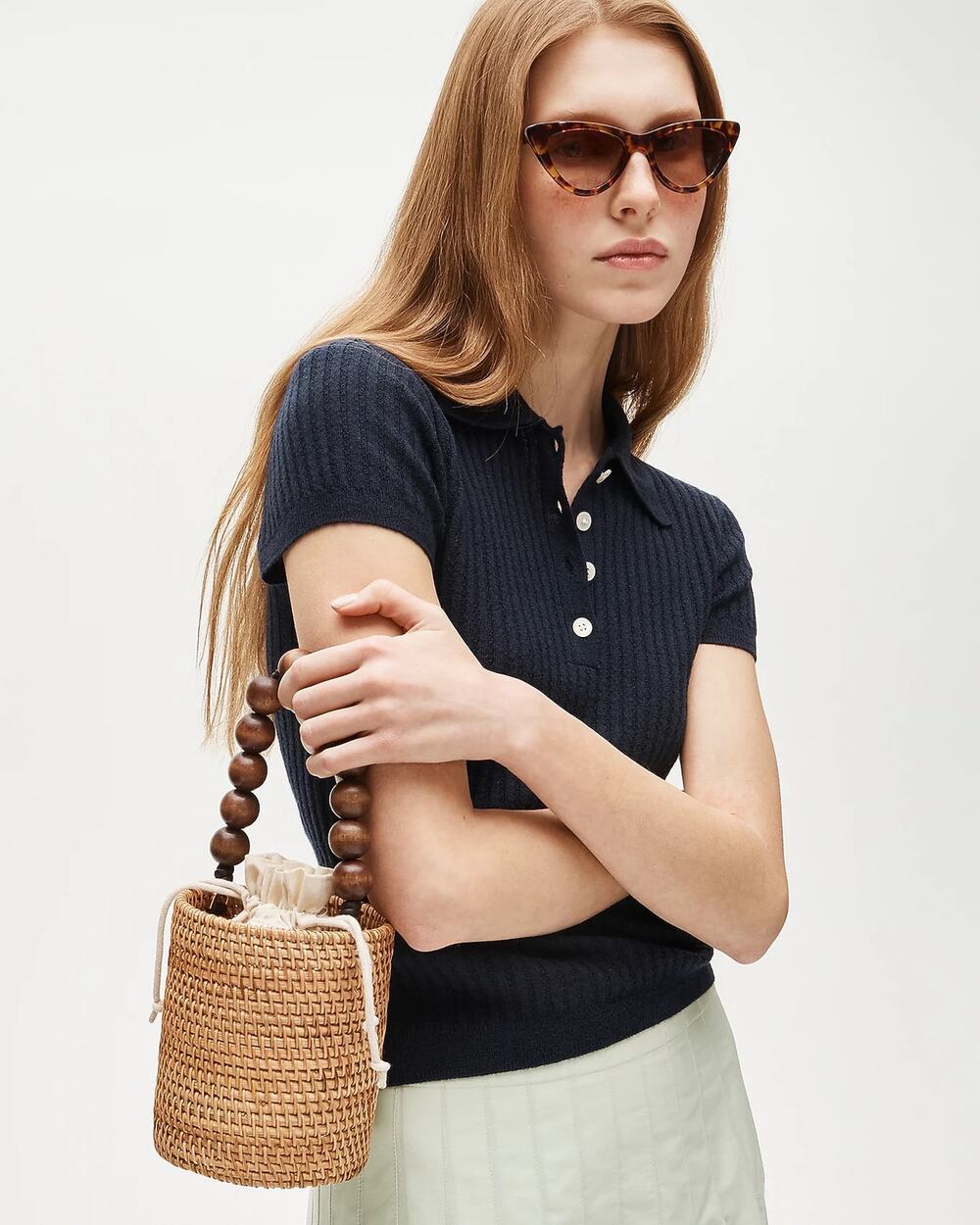J.Crew Handknotted Rattan Bucket Bag Wood Beaded Top Handle Straw Purse NWOT
